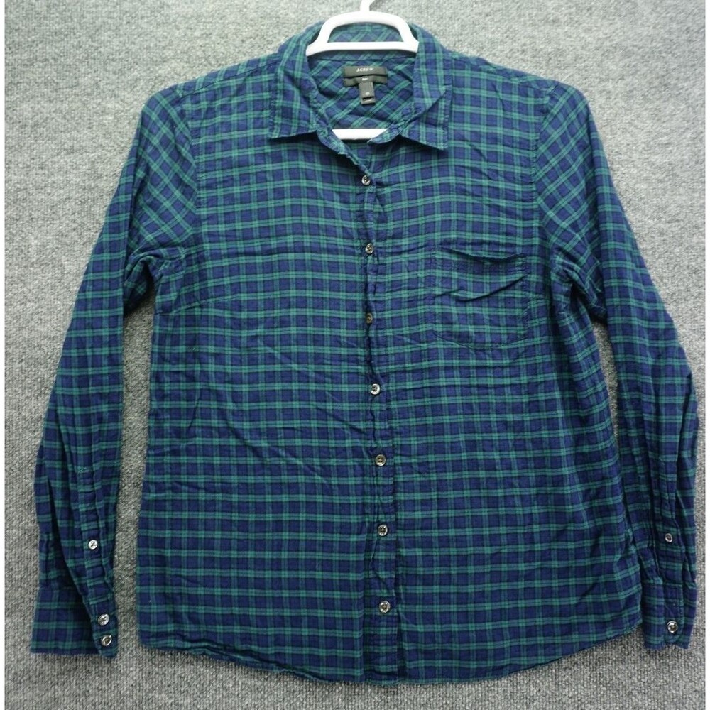 J Crew Women 12 Boy Fit Plaid Shirt Long Sleeve Button Down Blue Green Cotton